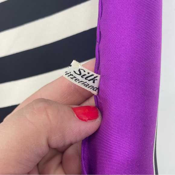Norman Norell Wide Greek Key Silk Scarf purple black white geometric  34x33.5” - Picture 5 of 7